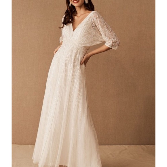 BHLDN Ellesmere 8 Ivory Allover Beaded Vintage Inspired V-neck Maxi Wedding - Picture 7 of 12